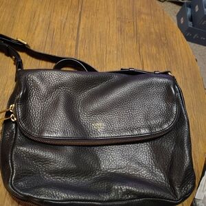 Fossil Black Pebbled Leather Messenger Bag with Gold Hardware